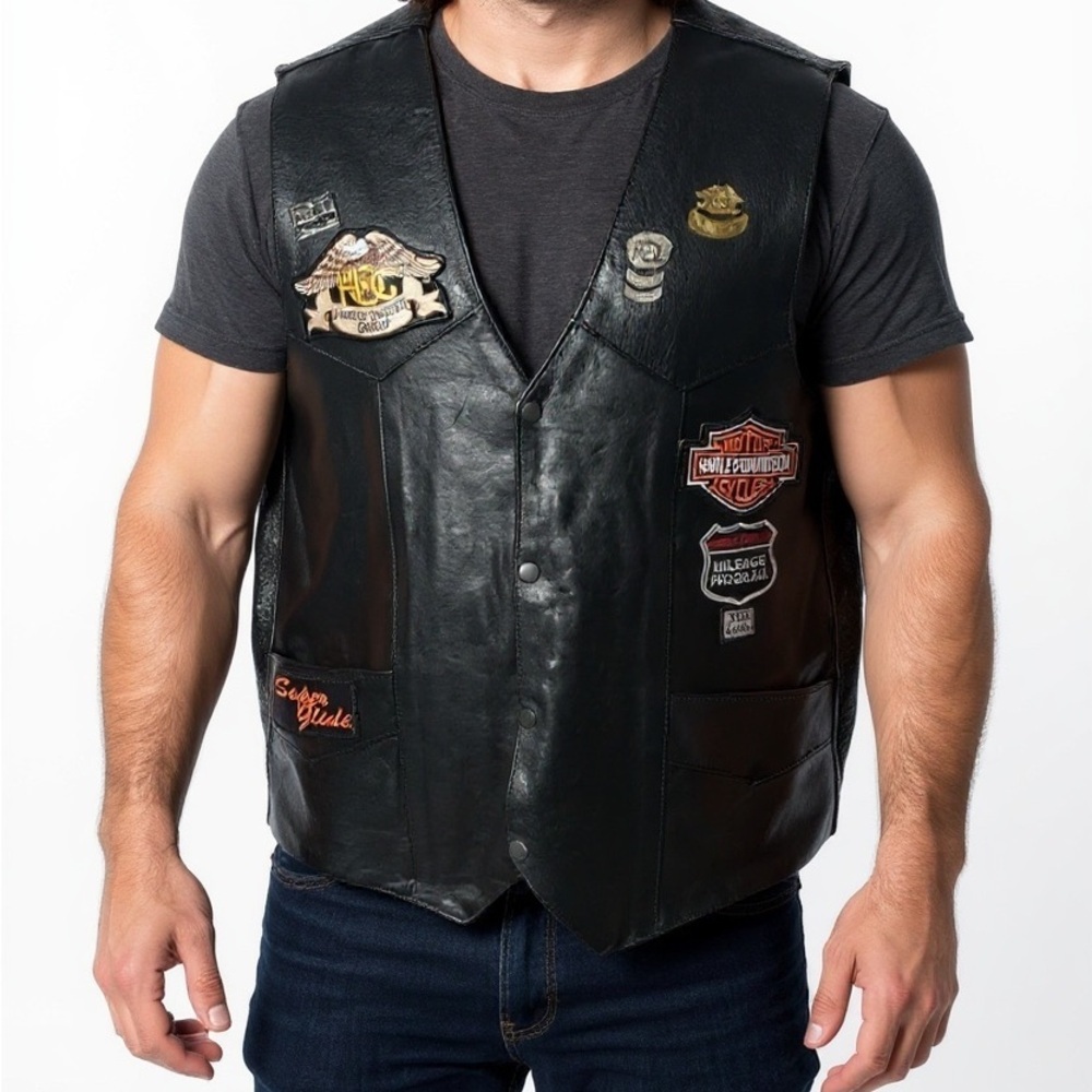 Vintage IK Black Leather Harley-Davidson Motorcycle Vest Pins/Patches 2X